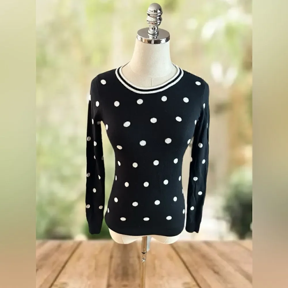 J. Crew Crewneck Pullover Sweater Jumper in Black Ivory Polka Dot Size S